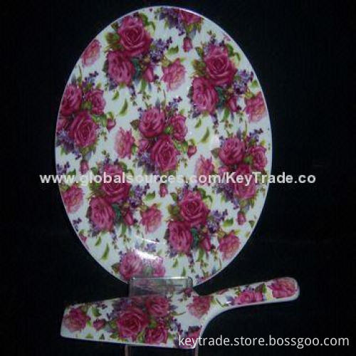 Fine Porcelain Cake Plate in Round-shaped with Decal Designs